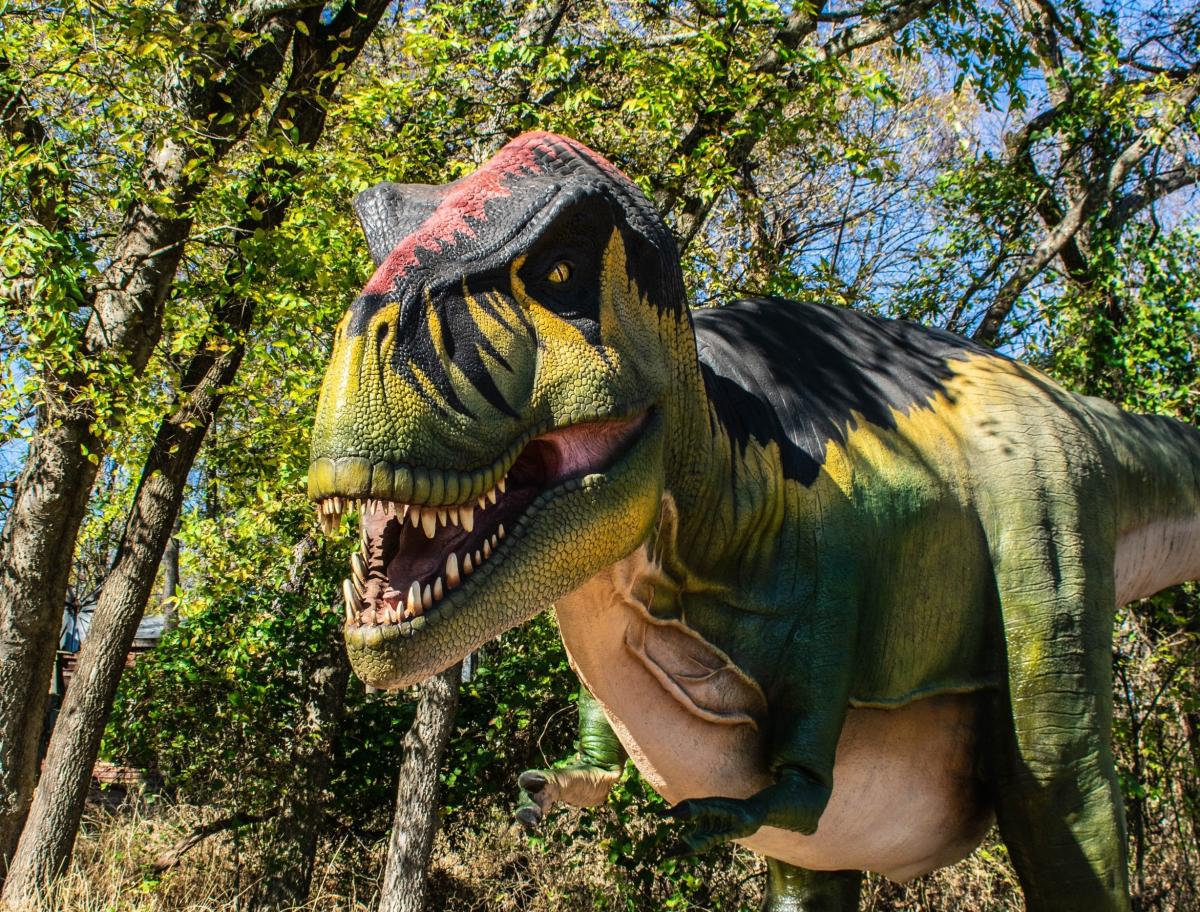 A realistic model of a Tyrannosaurus rex stands among leafy trees, mouth open in a roar, displaying sharp teeth and textured green and black skin with red markings on its head.
