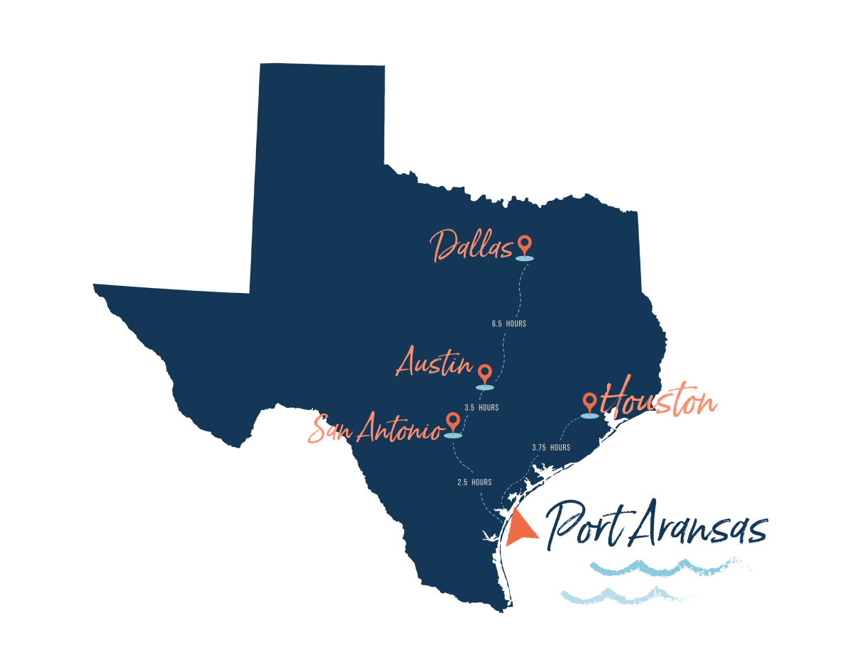 Blue map of the state of Texas with the cities Dallas, Austin, San Antonio and Houston marked on the map and travel distances to the city of Port Aransas