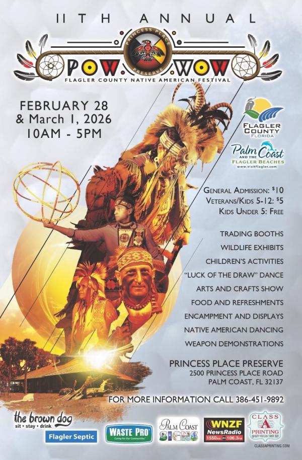 A flyer for the 2026 Native American Festival at Princess Place Preserve in Palm Coast, Florida.