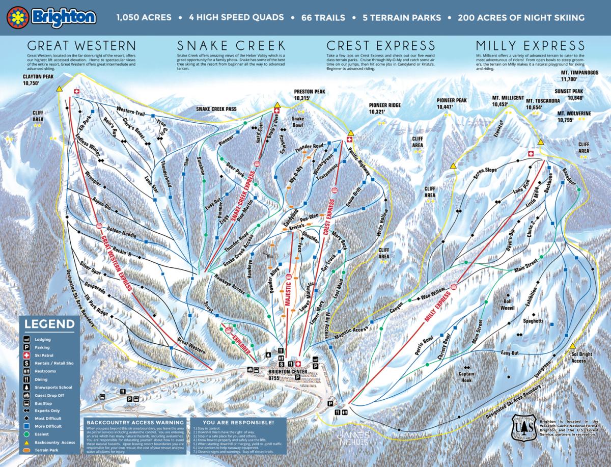 Illustrated map of Brighton resort with all the lifts and runs marked