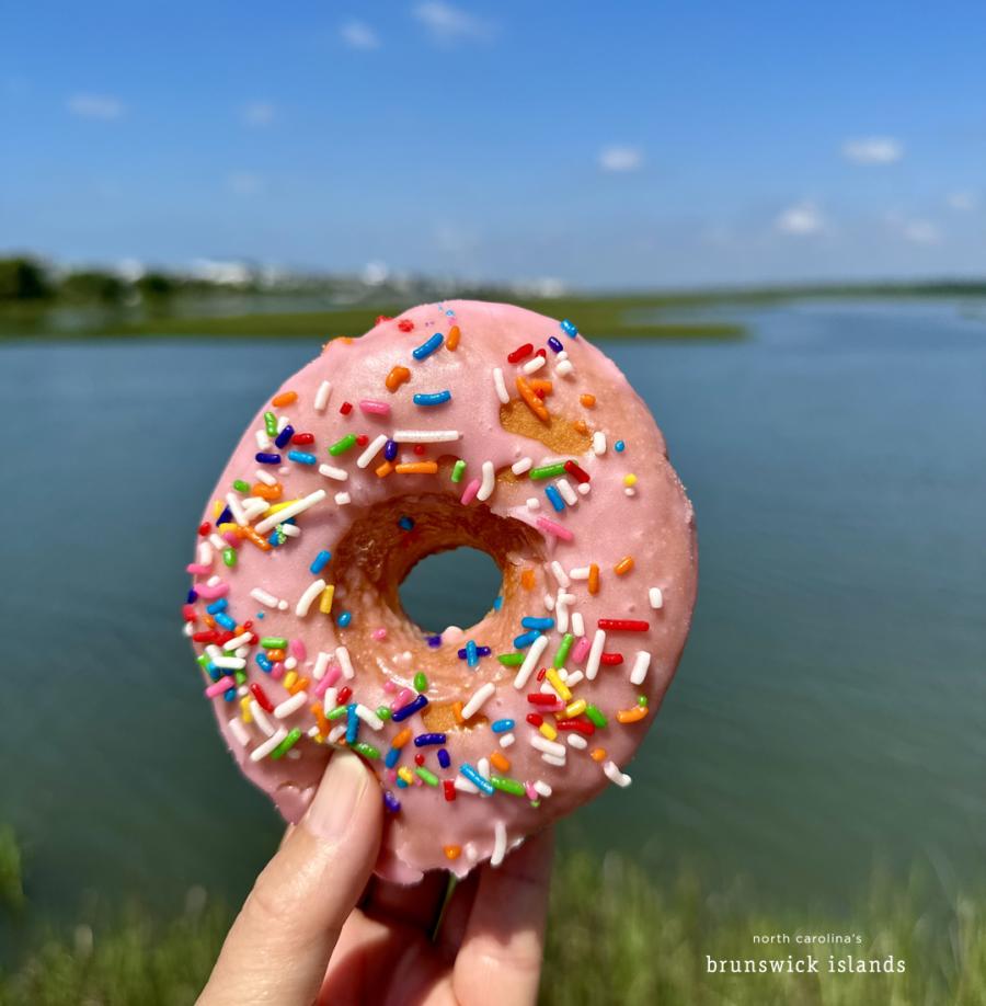 a pink frosted donut with sprinkles pictured in front of body of water with marsh grass