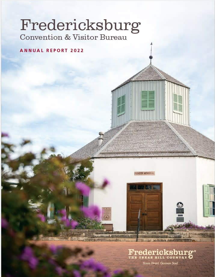 Cover of the Fredericksburg CVB Annual Report 2022 showing the Vereins Kirche with flowers blooming