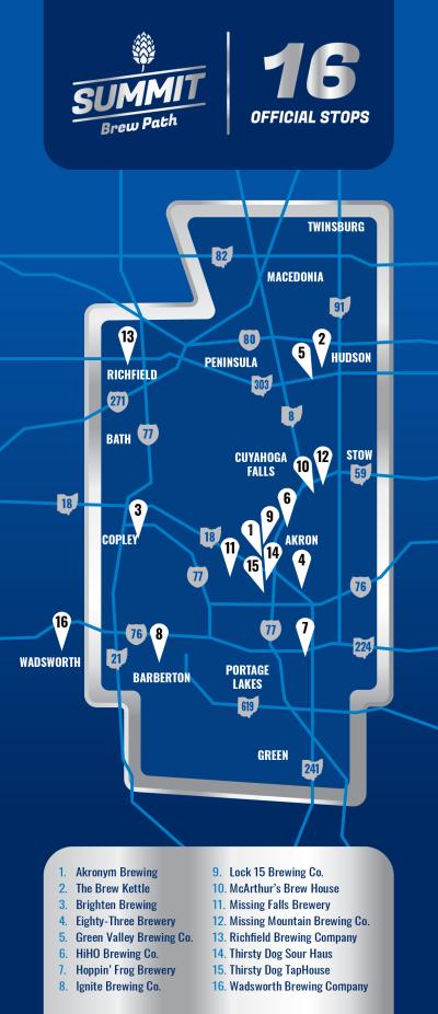 2026 Summit Brew Path Map - 16 Stops
