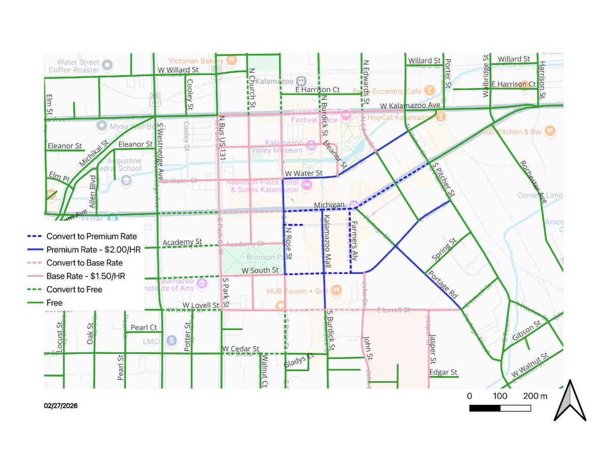 A parking map provides information on where available parking in Downtown Kalamazoo is located.