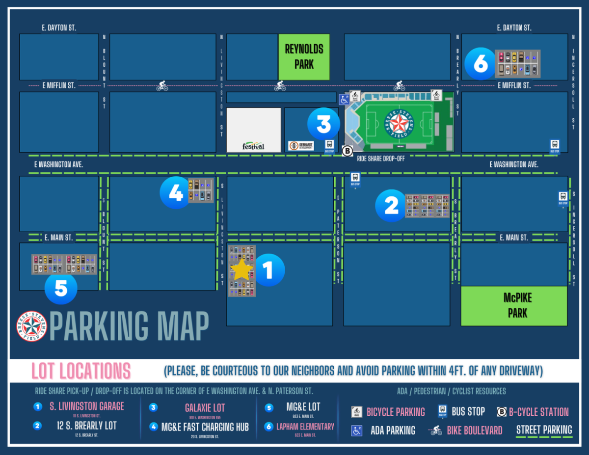 A graphic of the Breese Stevens Field Parking Map
