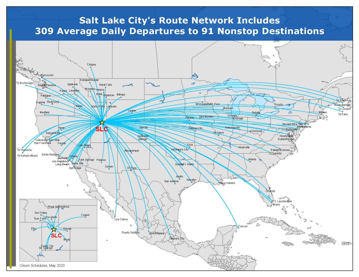 Map of the United States showing direct flights into Salt Lake