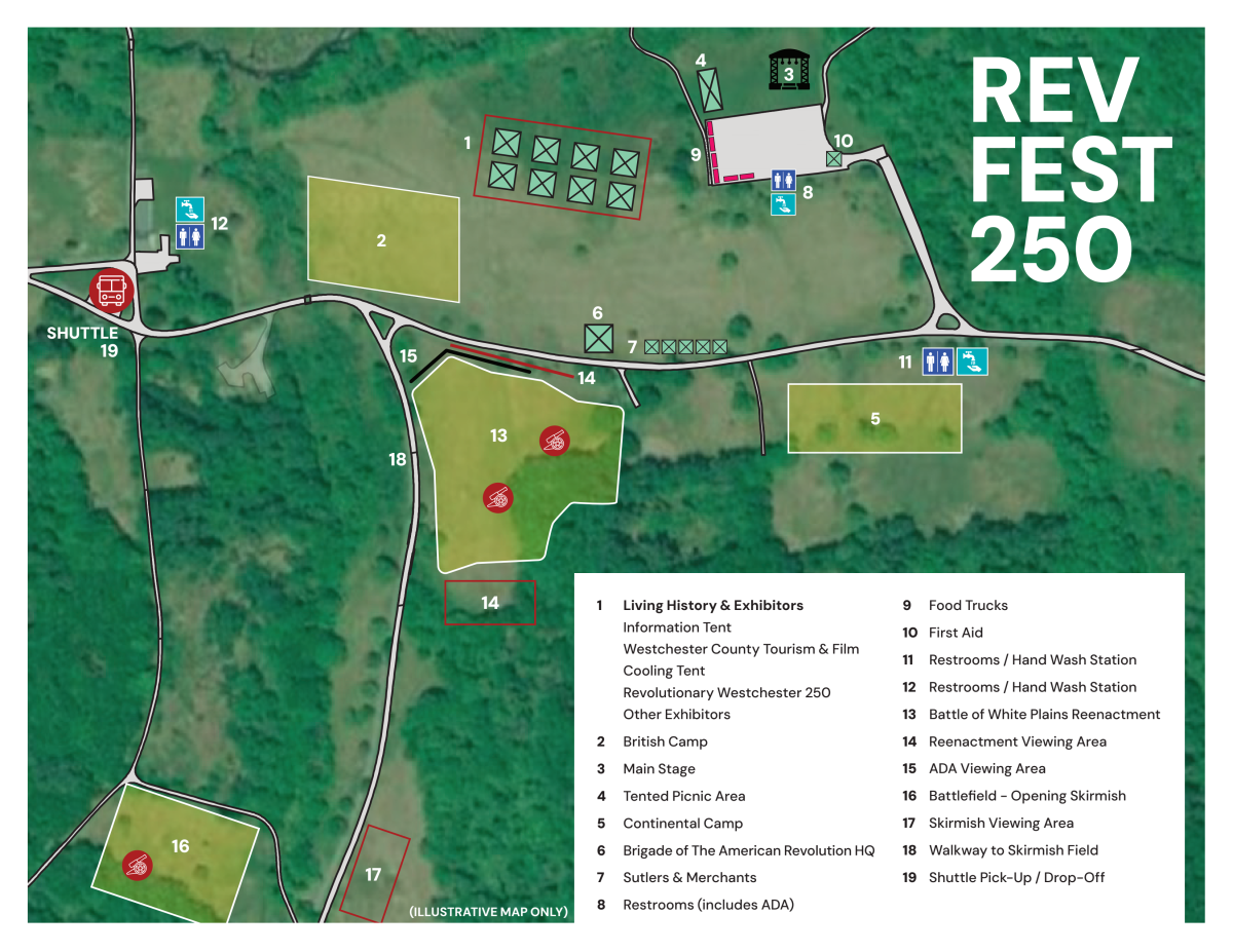 A map of the event grounds for REV FEST at Ward Pound Ridge Reservaton.