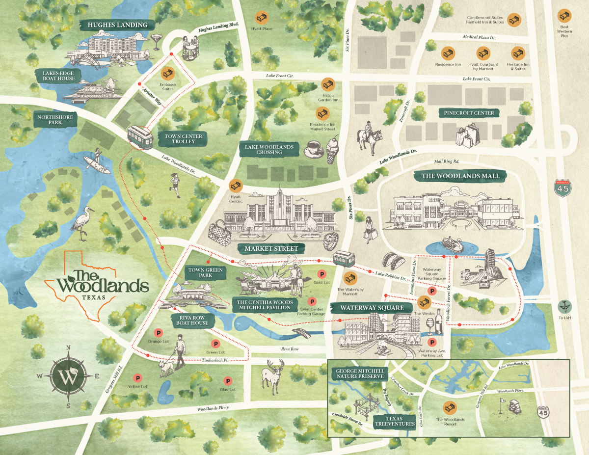 Visit The Woodlands' 2025 Map of The Woodlands. The texture and coloring are like a watercolor painting, with a soft cream for business centers, blended greens for parks and nature centers, and blended blues for Lake Woodlands and The Waterway. Important businesses and/or attractions stand out with realistic black-and-white sketches of the primary buildings. Highlights include: Hughes Landing (with the Lakes Edge Boat House and Northshore Park), Market Street, The Cynthia Woods Mitchell Pavilion, Town Green Park, Riva Row Boat House, Waterway Square, The Woodlands Mall, Pinecroft Center, George Mitchell Nature Preserve, and Texas TreeVentures. Other key attractions (with no set location) are also marked drawn attention to with sketches, including: a mounted patrolperson, shopping bags, tacos (restaurants), a stag (wildlife), a female jogger, a female kayaker, a man walking a dog, waterfowl, a golf cart, etc. Hotels are marked with light orange icons featuring a single bed. Parking is identified with a bright orange icon with the letter "P." On the left of the map, there is an orange outline of Texas and the "The Woodlands Texas" written across it in the Visit The Woodlands font. Below that is a compass with the VTW "W" logo inside it.