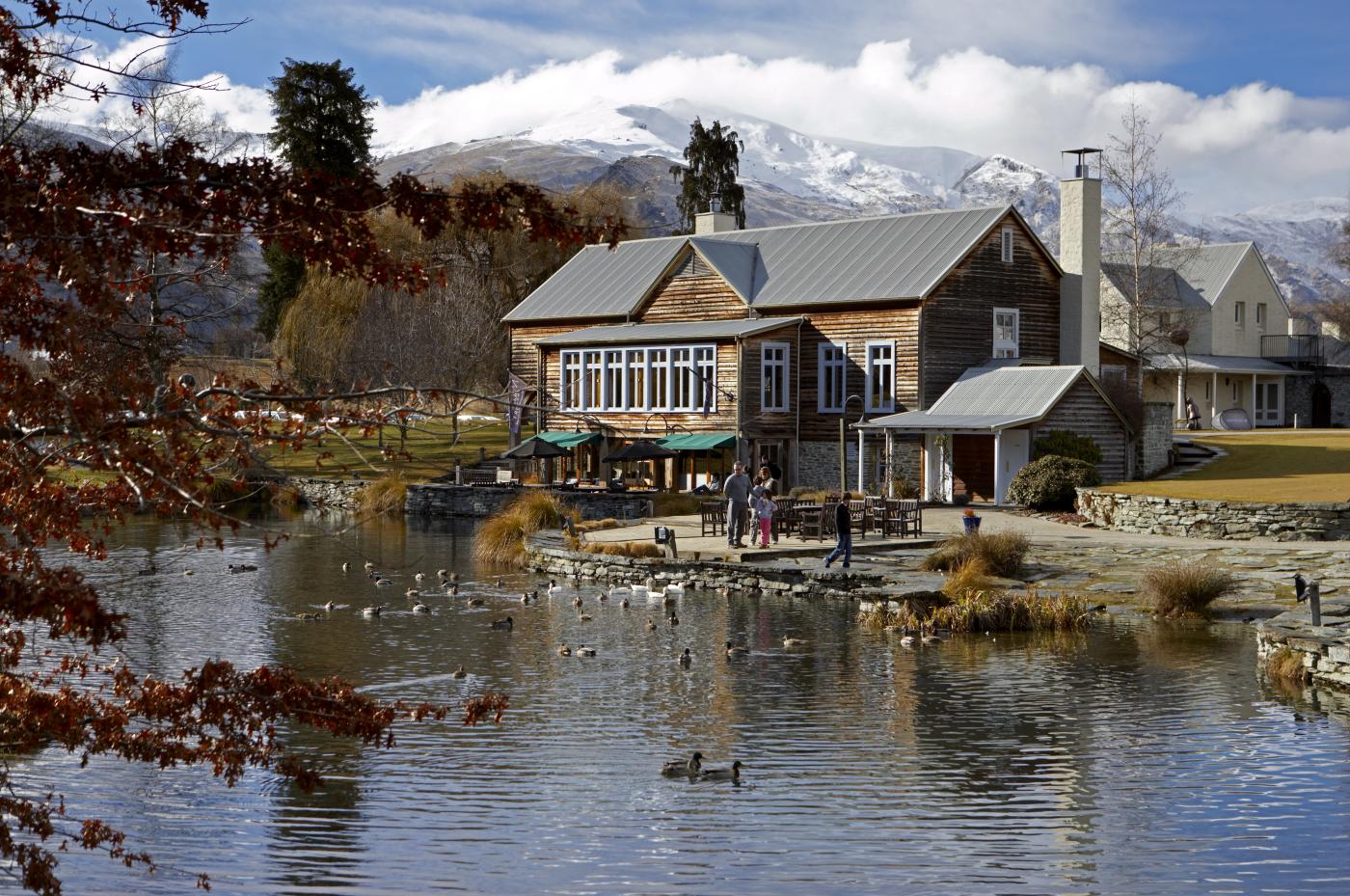 Family watching the ducks at Millbrook Resort in Winter