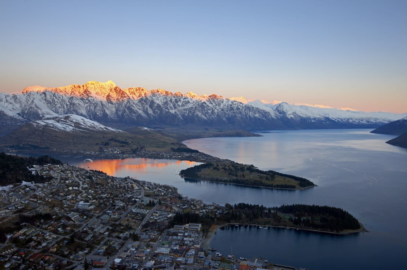 Queenstown From Above, with snow-capped mountains and lake views