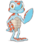 Animation drawing of a small blue and orange turtle with one flipper up in a wave.