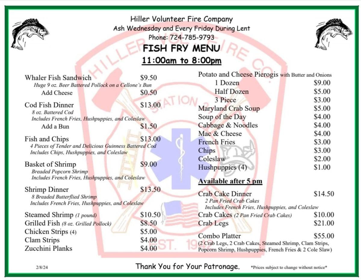 Hiller Volunteer Fire Company offers a huge Lenten menu
