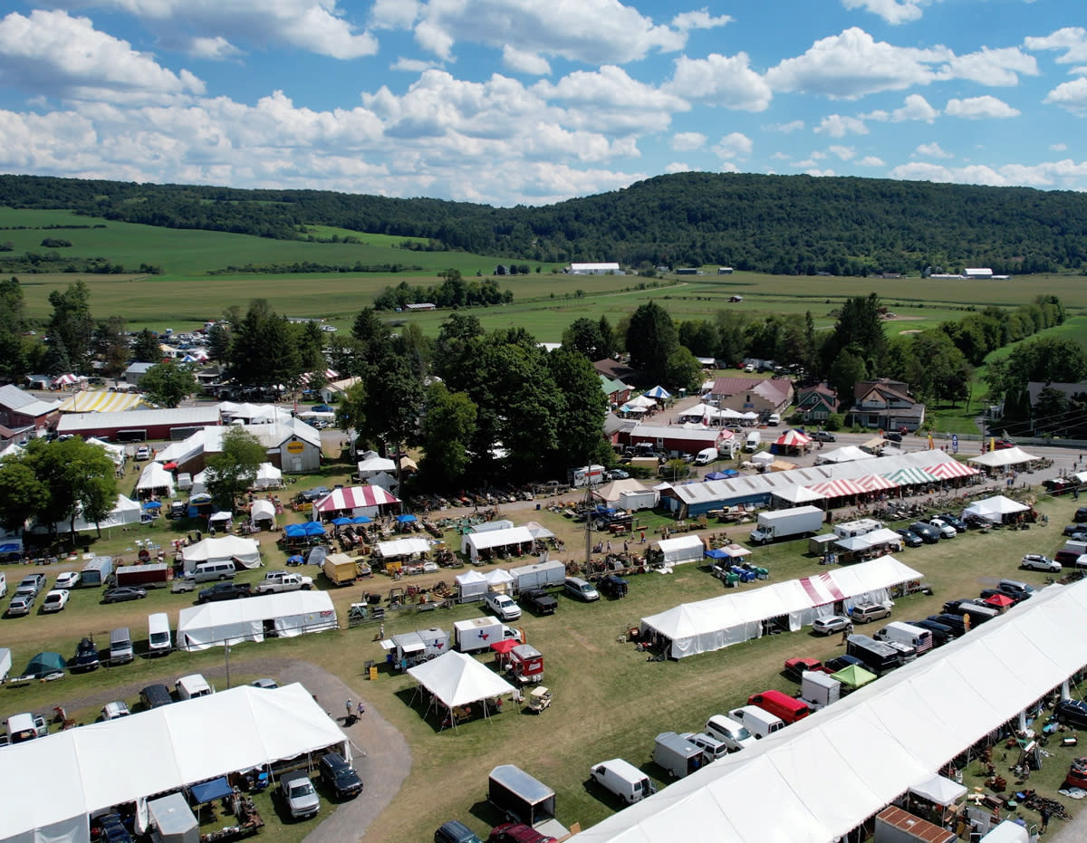 Madison-Bouckville Antique Week aerial shot of tents and vendors