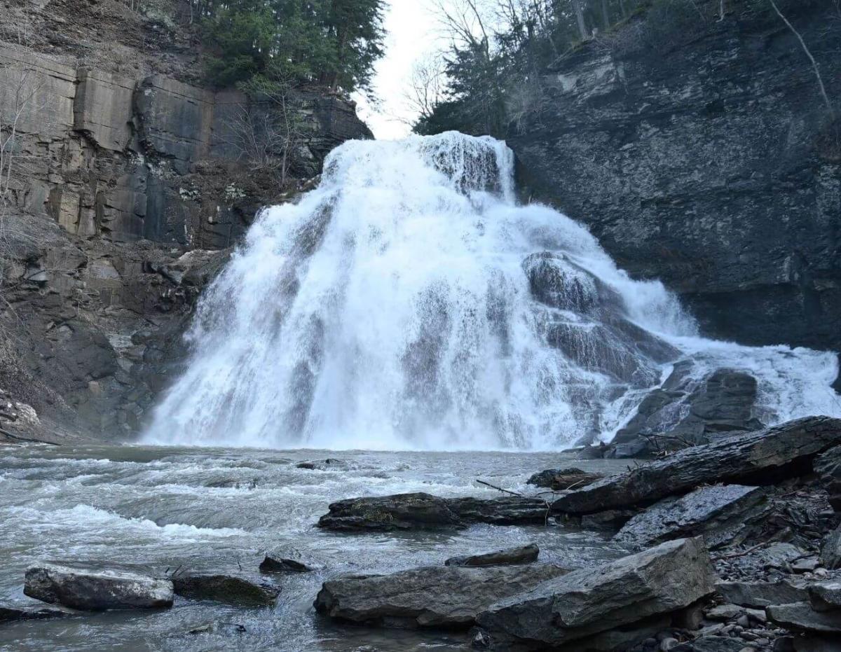 Rushing waterfalls of Delphi Falls in spring