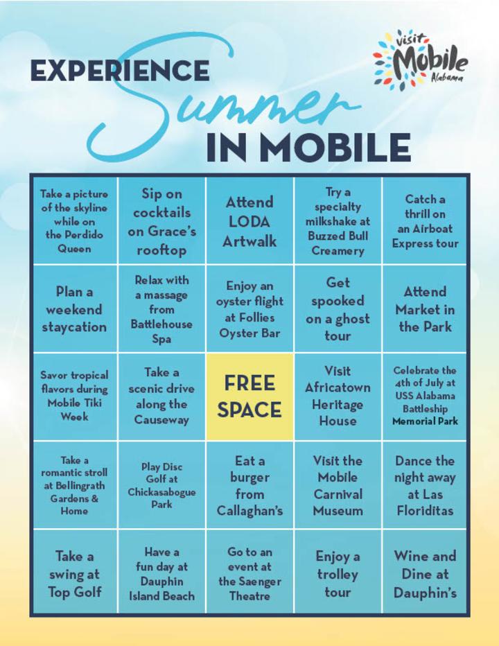 Graphic featuring summer activities and things to do in Mobile for adults.