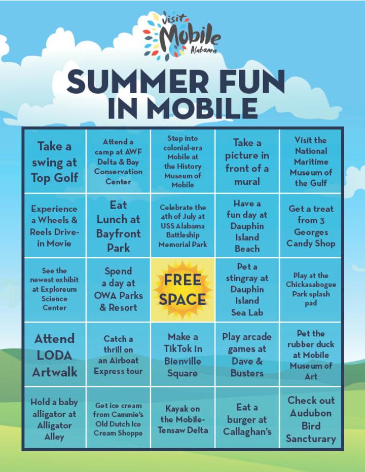 Graphic featuring summer activities and things to do in Mobile for children.