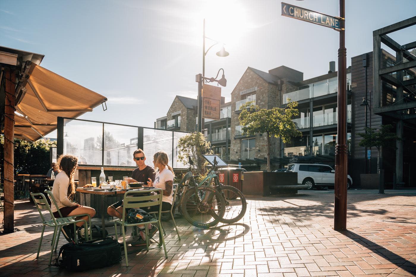 People enjoying a beer at after biking World Bar