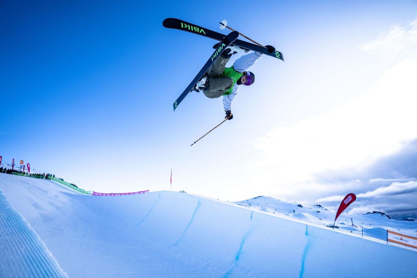 Skiier competes in halfpipe event at the Winter Games at Cardrona