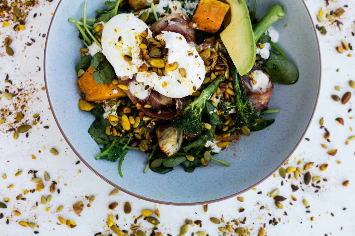 Fancy lunch dish with grains, egg and seasonal vegetables at Frank's Eatery