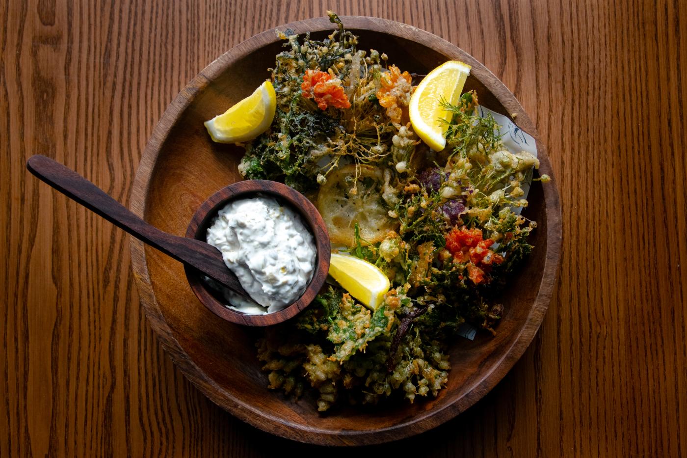 Colour dish of fired vegetables at Little Aosta. Credit Sam Stewart