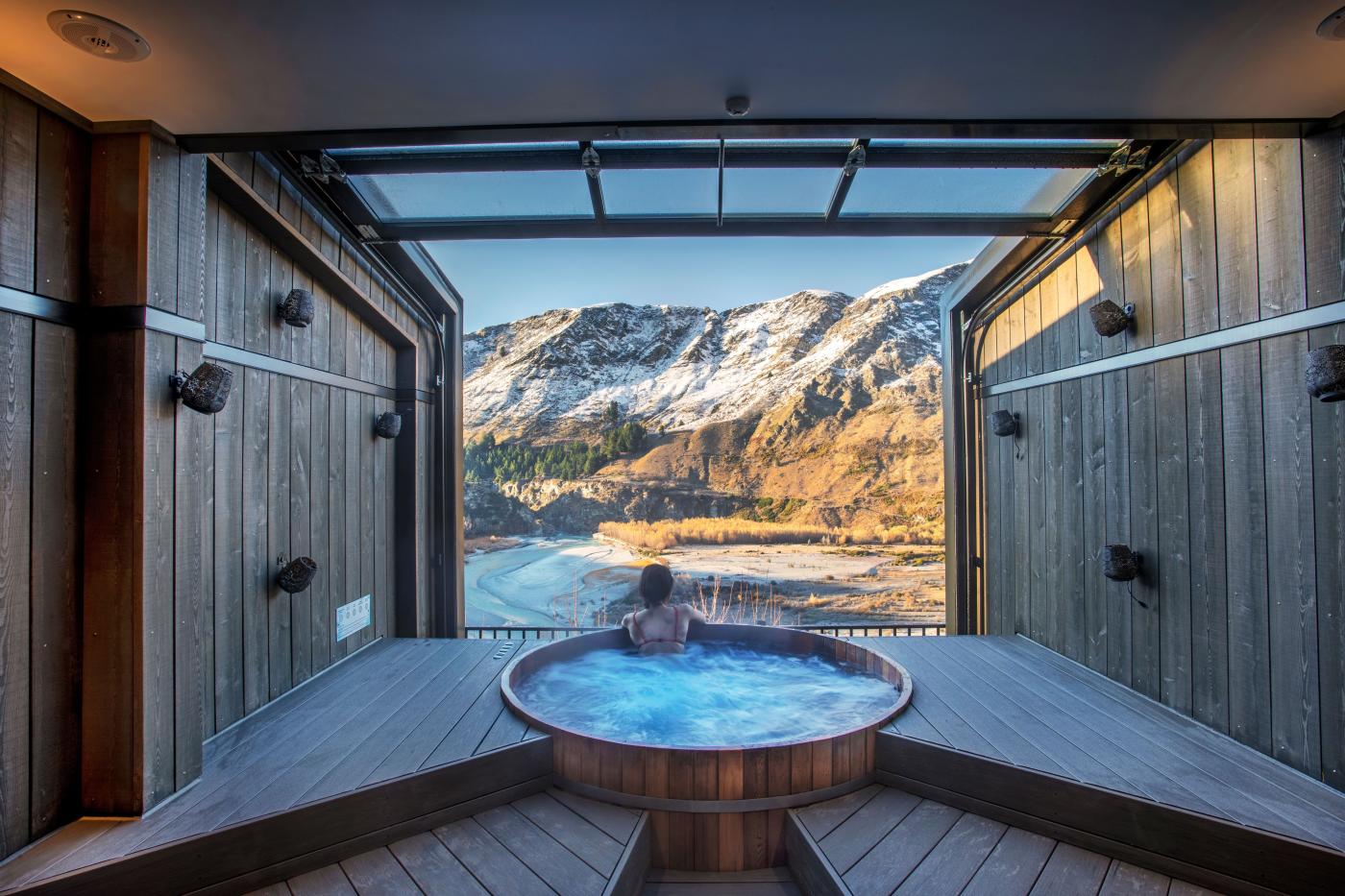 Woman relaxing in Onsen Hot Pools in Winter