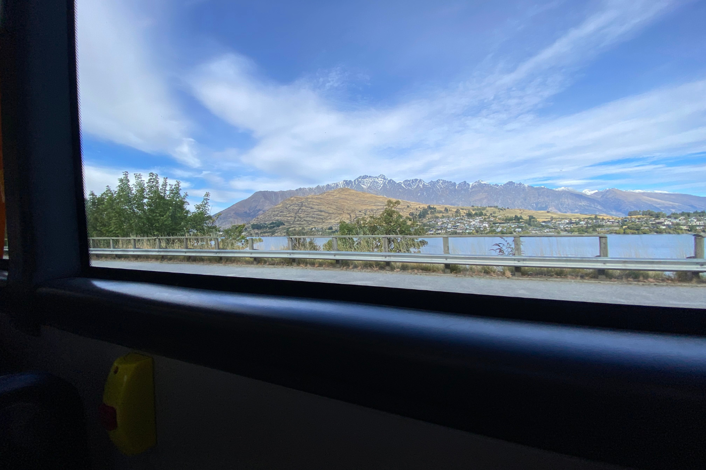 View of the Remarkables mountain range from a public bus window