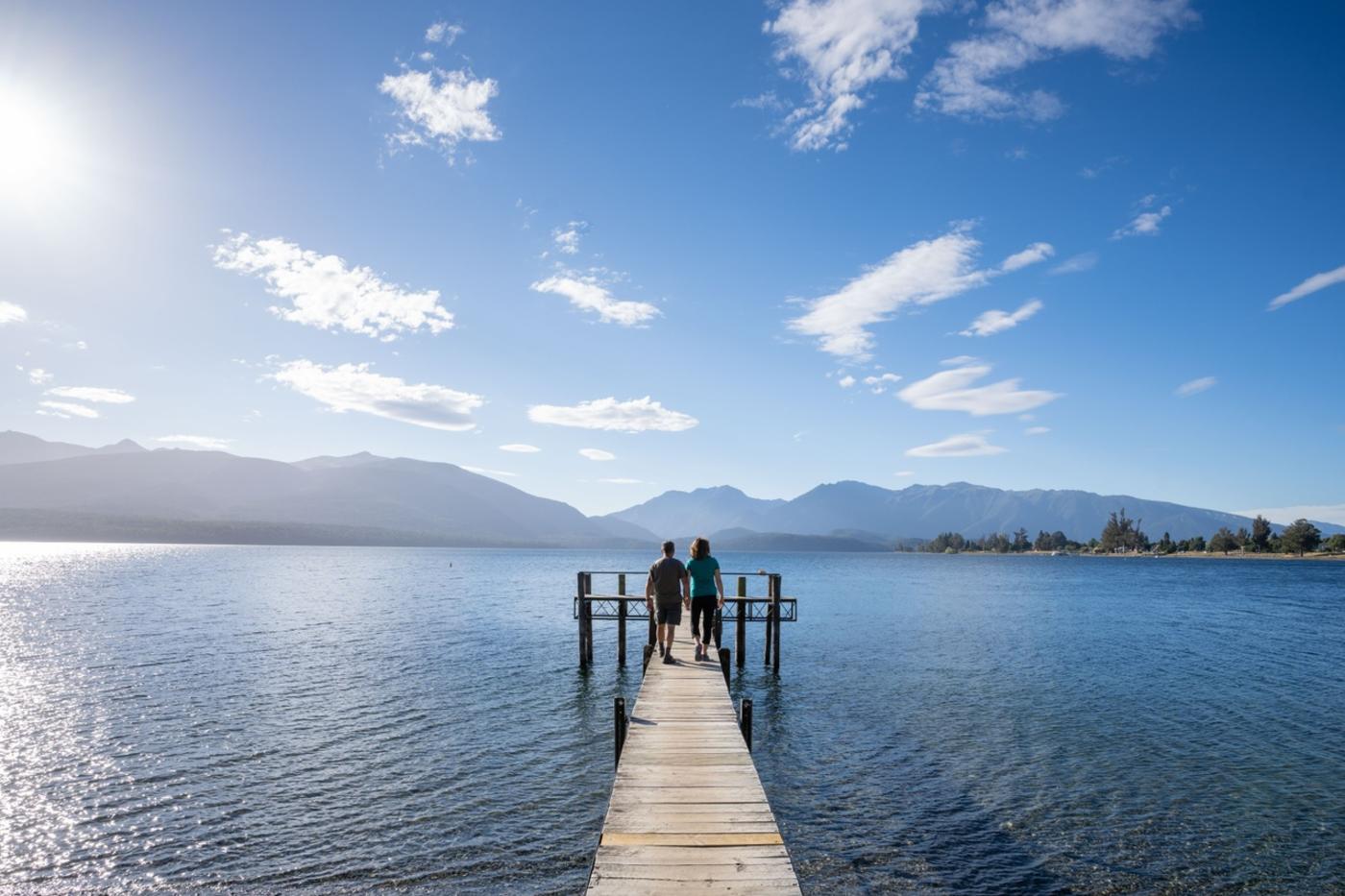 Couple walking along jetty at Te Anau Lakefront