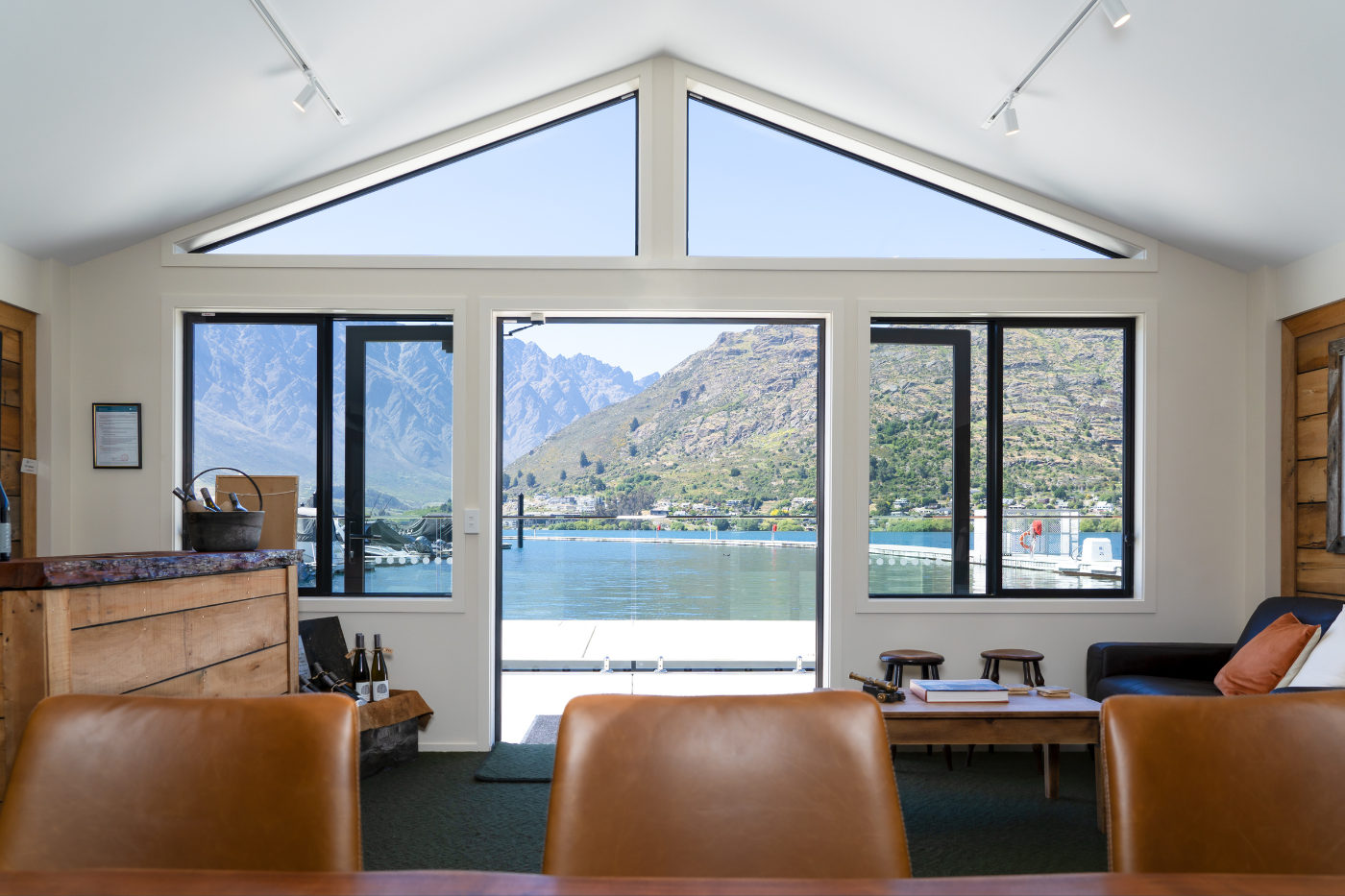 View of Lake Whakatipu from inside the Wet Jacket tasting room at Queenstown Marina
