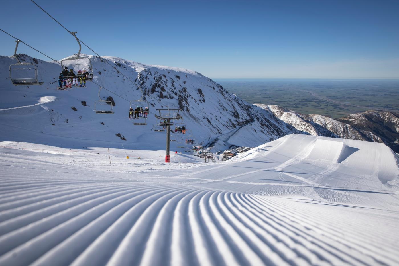 Wide open ski run overlooking Mt Hutt Ski Area