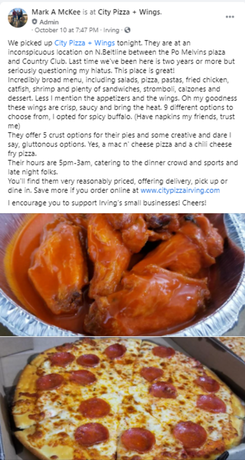 Facebook post about City Pizza + Wings in Irving, TX