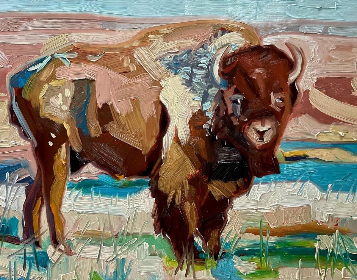 Oil painting of a bison in turquoise and rust tones.