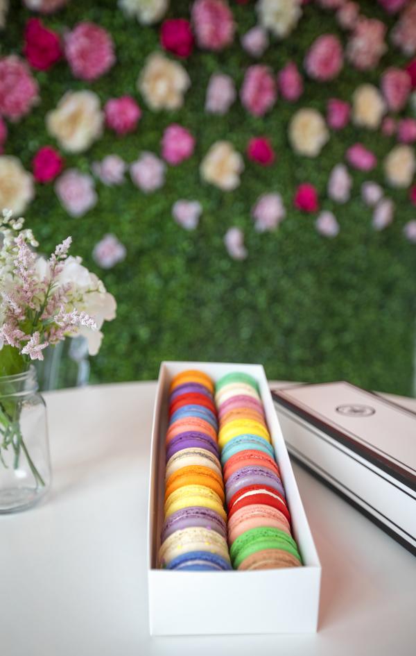 Multicolor macarons in gift box at Mon Cheri Macarons