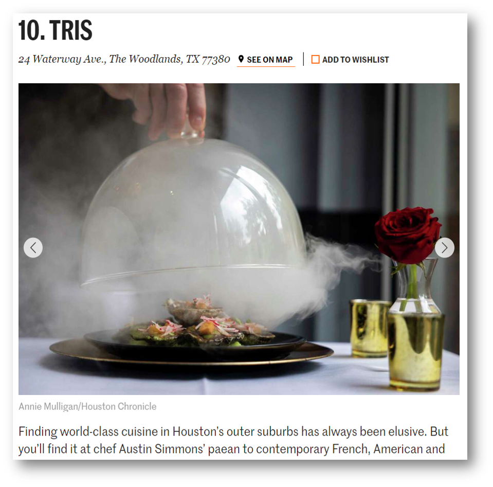 TRIS Ranked #10 in Houston Chronicle's Top 100 Restaurants List