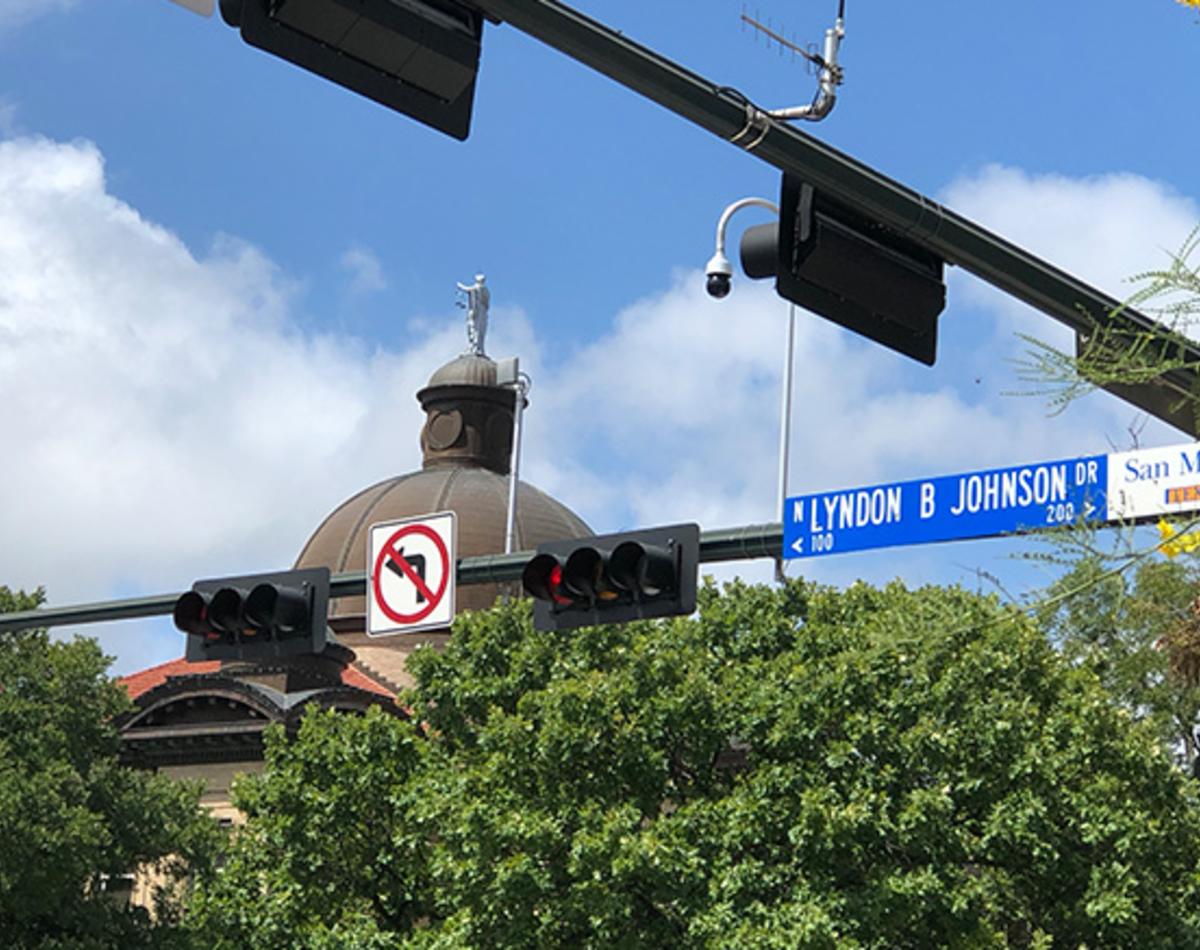 Image of the Lyndon B Johnston Street sign in Downtown San Marcos.