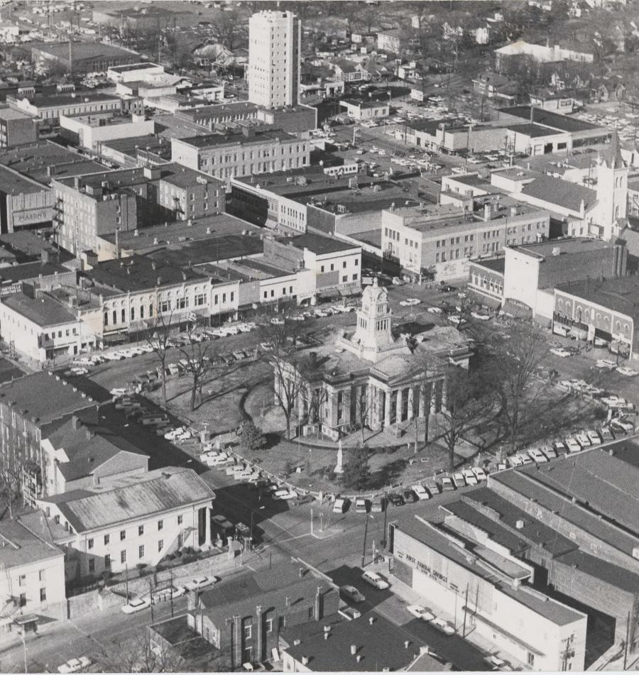 An aerial photograph of the Madison County Courthouse, taken in 1963.
