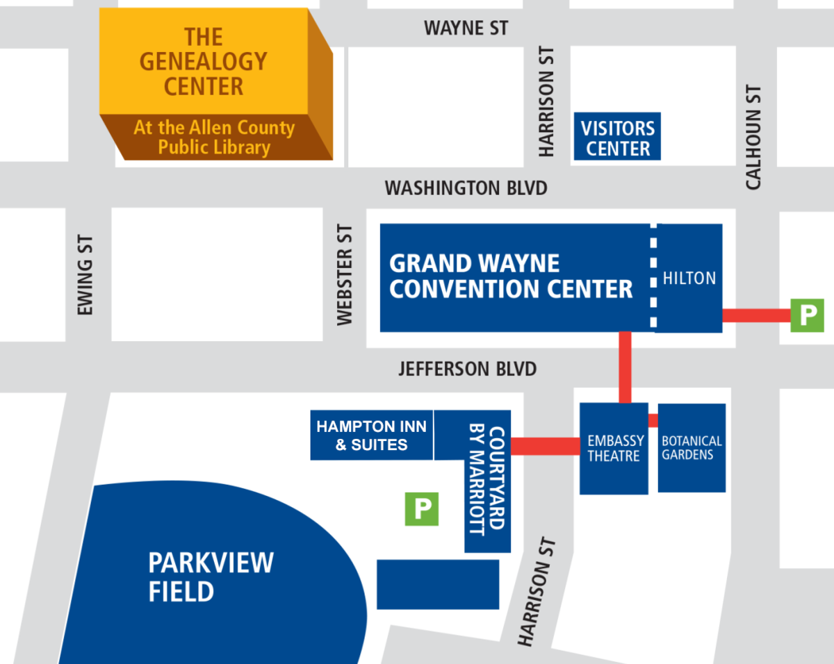 Downtown Map showing Genealogy Center across the street from the Grand Wayne Center