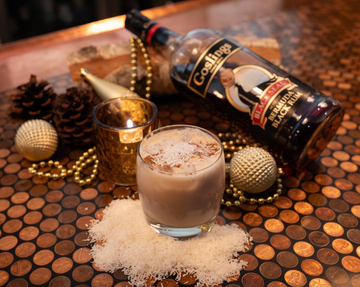 A creamy drink posed with holiday decor