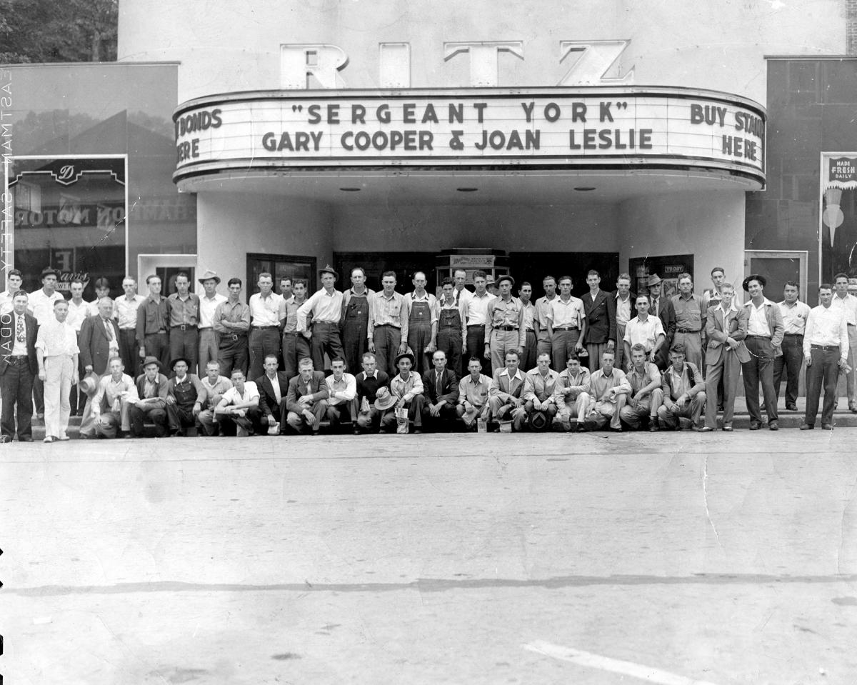 Army recruits posing in front of the Ritz Theatre in Sylva, NC, on Sept. 3, 1942, under a marquee for Sergeant York with Gary Cooper and Joan Leslie