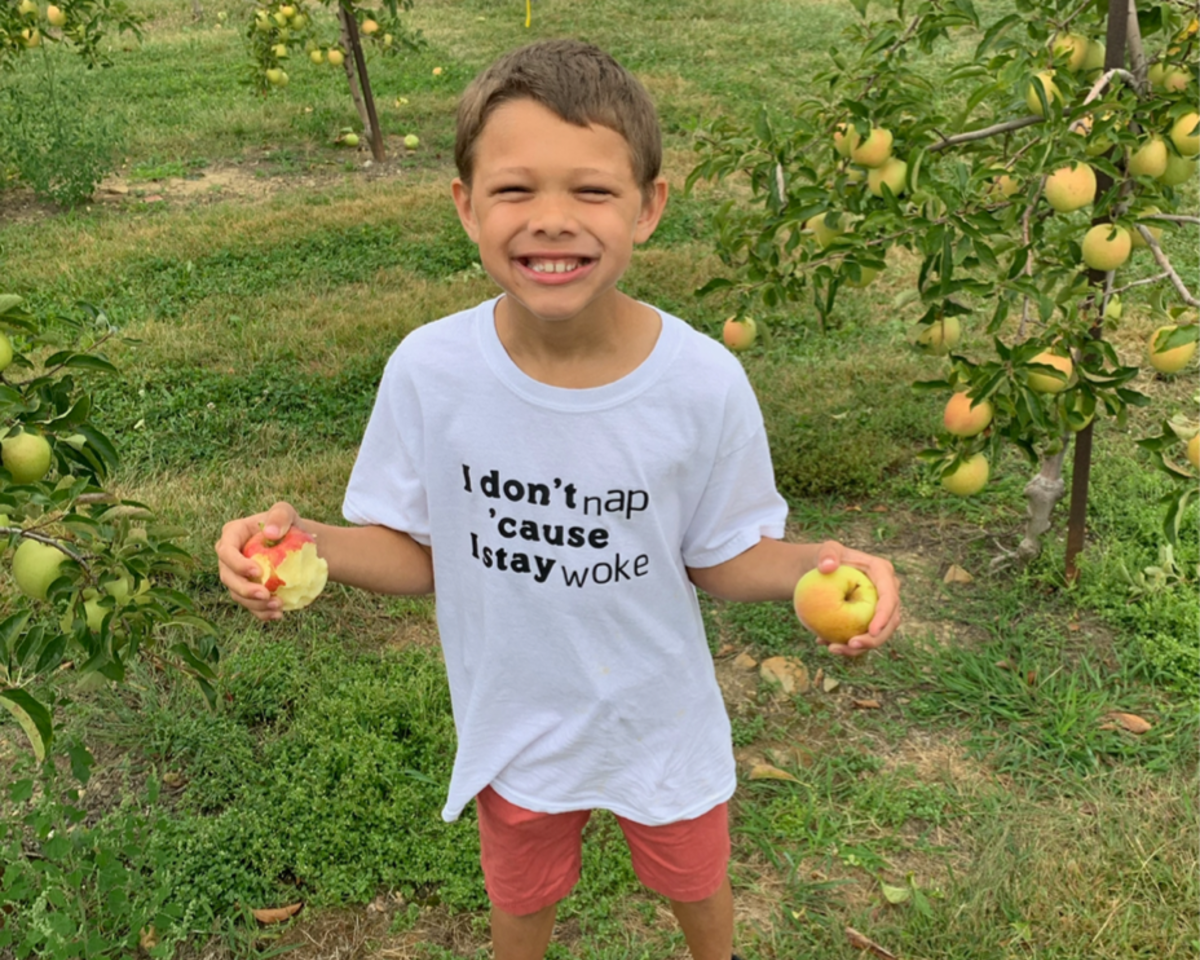 Young boy smiles while holding apples at an orchard