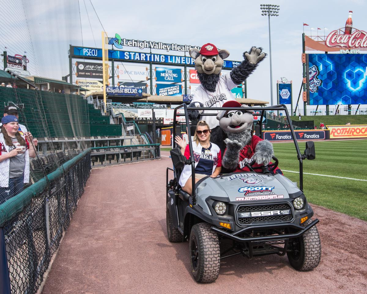FeFe and FeRROUS the furry mascots of the Lehigh Valley IronPigs at Coca-Cola Park in Allentown, Pa.