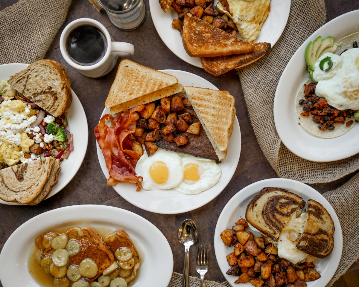 A bunch of breakfast dishes at Roasted in Bethlehem, Pa.