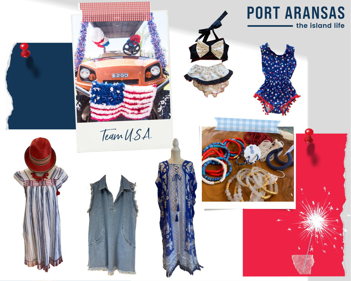 A collage of red, white, and blue clothing. There are two patriotic children's swimsuits, three dresses, and a photo of patriotic jewelry.