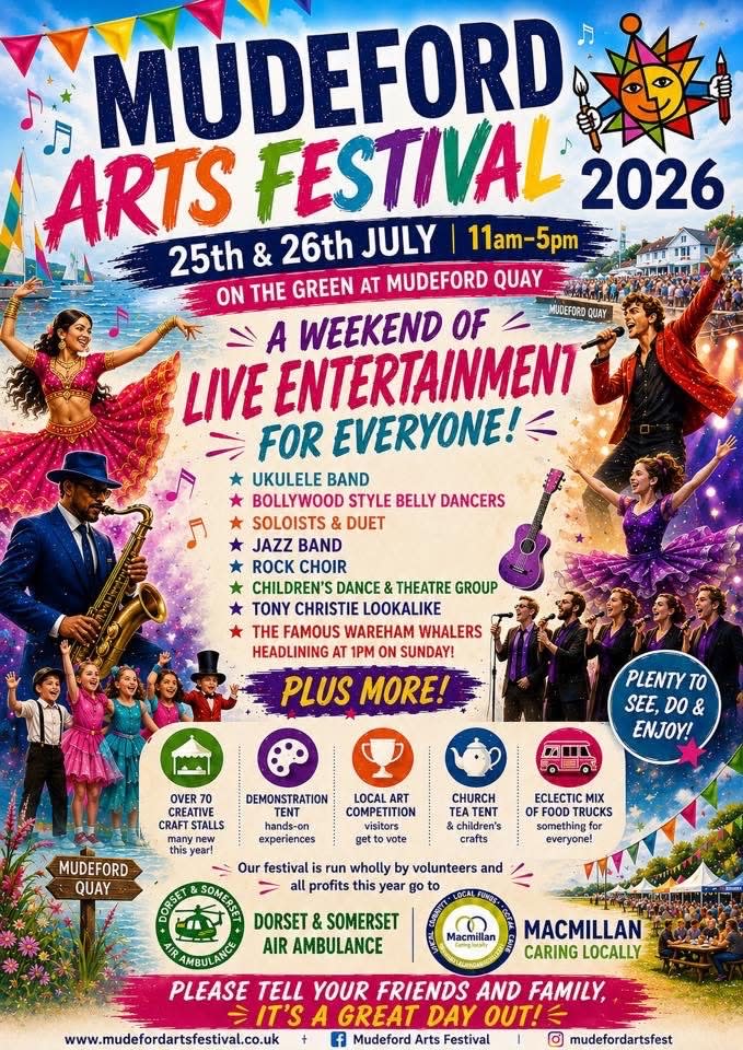 Mudeford Arts Festival colourful event poster showing various creative activities