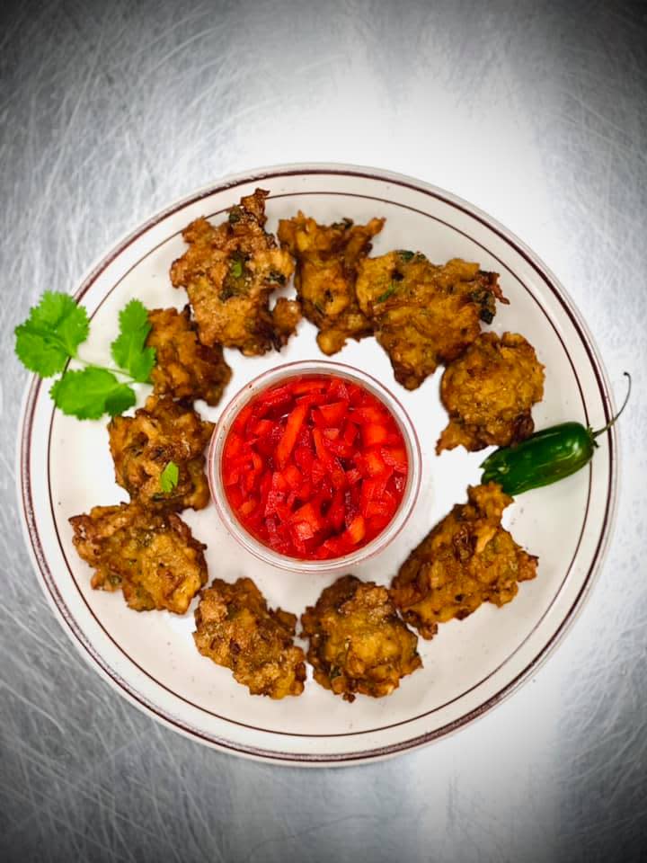 A plate of pakora at Jot India in Newport Kentucky, seen from above