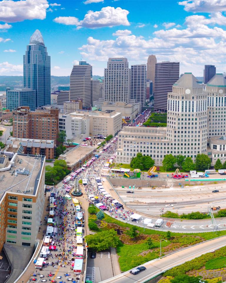 Image is of the Taste of Cincinnati in Downtown Cincinnati from the sky.