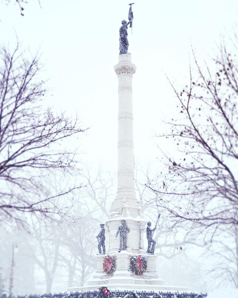 soldiers and sailors monument in winter at Hackley Park