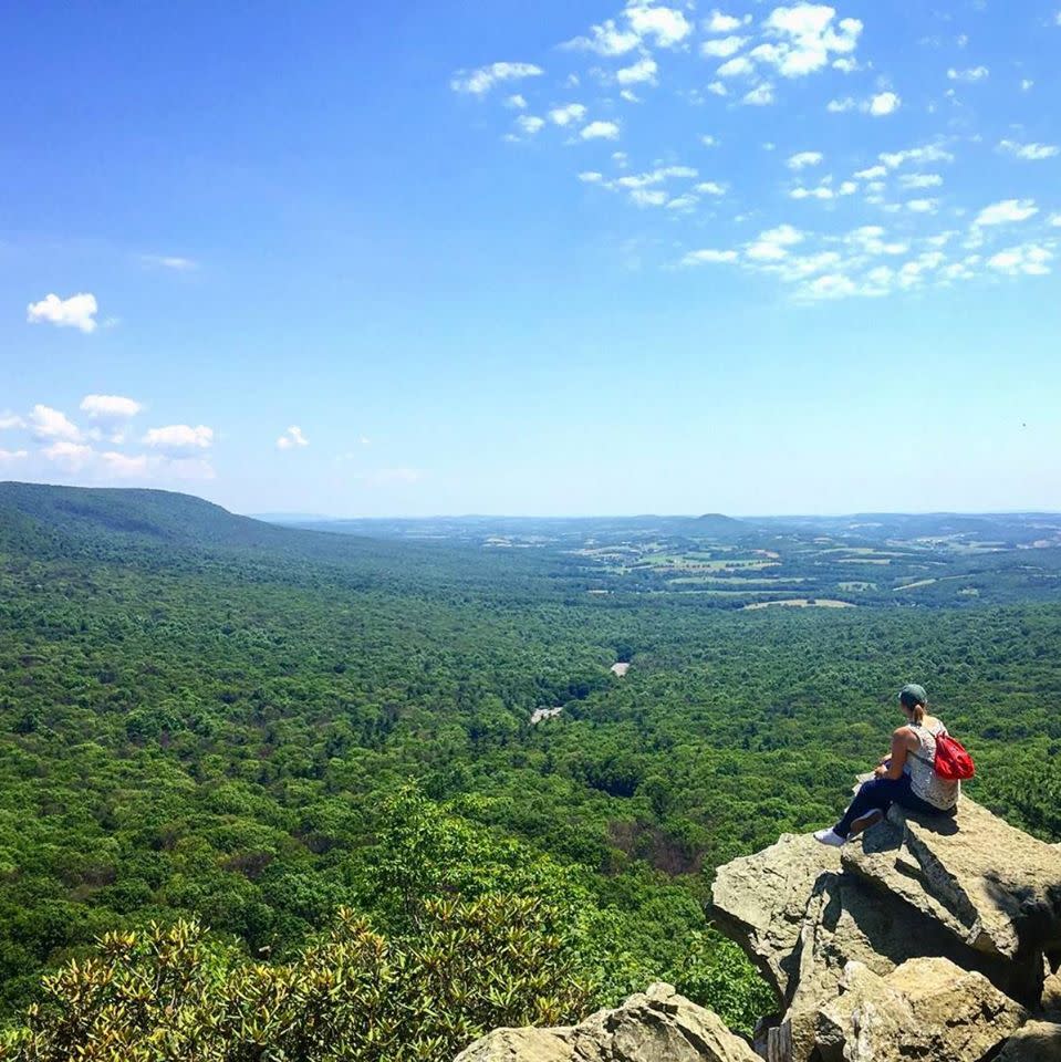 On a summer day, a hiker enjoys the view from Hawk Mountain in Lehigh Valley, PA