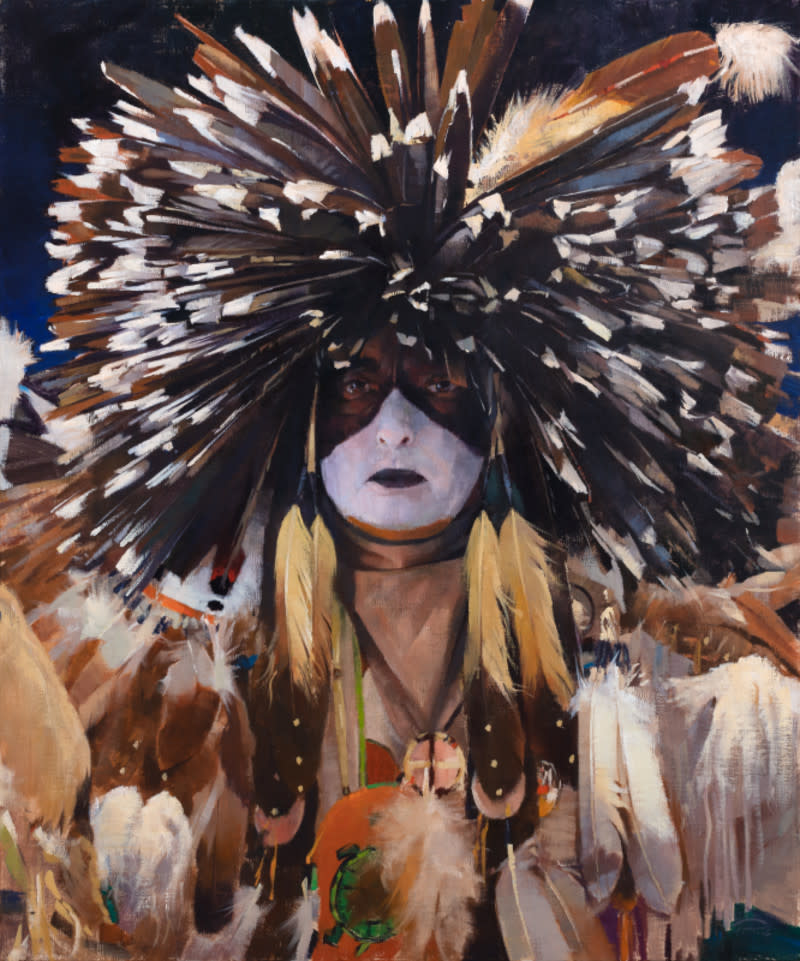 An oil painting features a Native American man in tribal dress