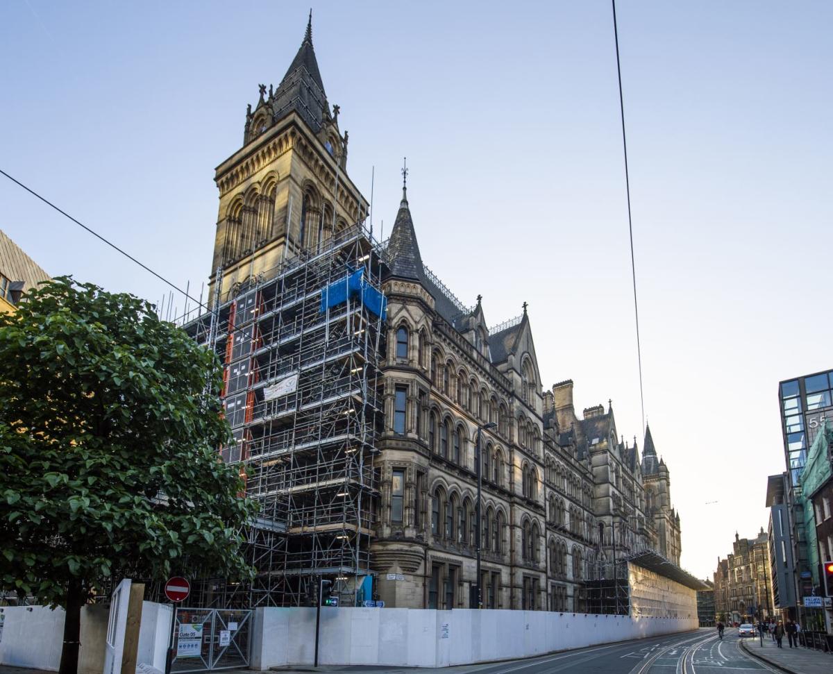 Manchester Town Hall as viewed on 20 July 2020 during refurbishment. © Peter N. Lindfield.