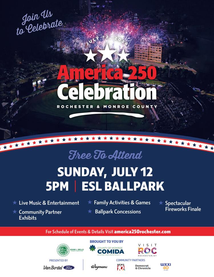 A flyer advertising the America 250 event taking place at ESL Ballpark on July 12. The flyer features details listed later on in this page as well as an image of vibrant fireworks over ESL Ballpark.